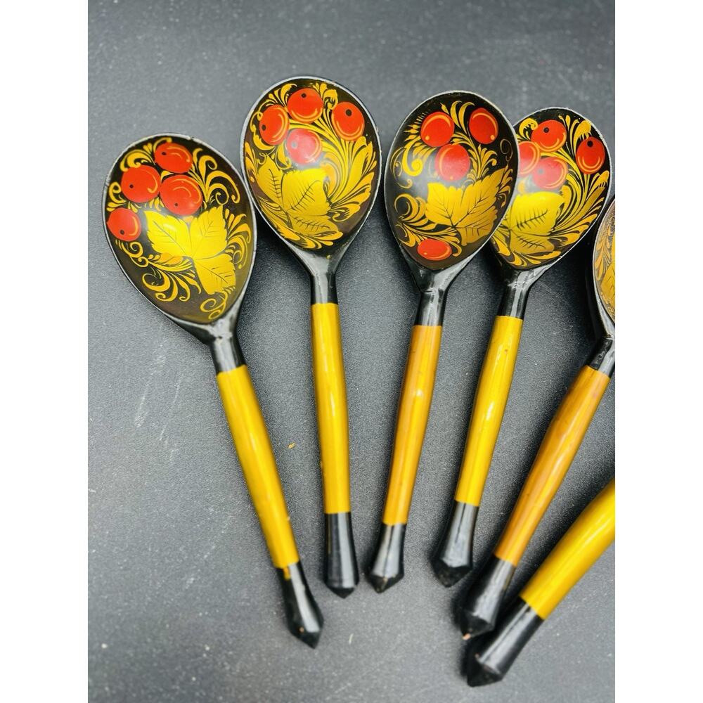 Khokhloma Russian Folk Art Hand Painted Spoons Red Gold Black Set Of 6 - Picture 6 of 7